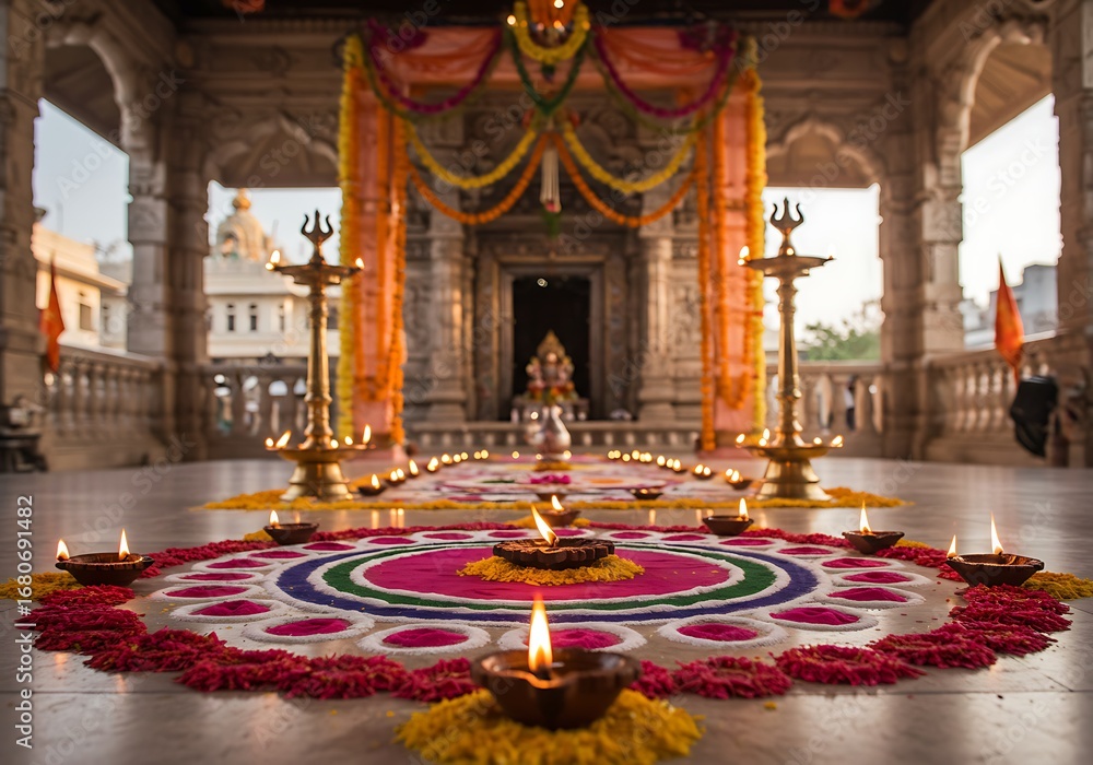 Obraz premium Temple interior with rangoli and lamps