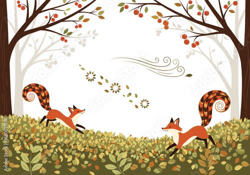 Two playful foxes romp through a lively autumn forest on a breezy day