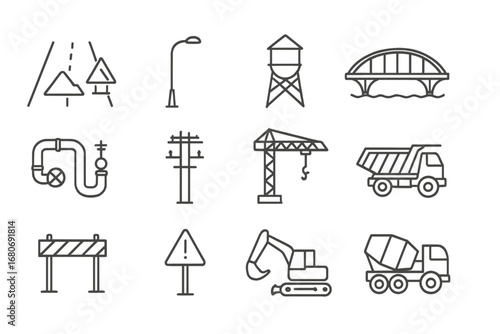 City Infrastructure Icons. Outline icon set of city infrastructure development: road construction, streetlight