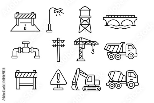 City Infrastructure Icons. Outline icon set of city infrastructure development: road construction, streetlight