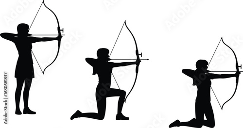 Silhouettes of female archers aiming with bows, standing and kneeling positions, archery sport concept, focus and precision, black vector illustration