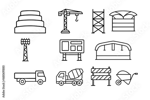Stadium Construction Icons. Outline icon set of stadium construction: seating tiers, crane, scaffolding,