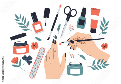 Beautiful hand nails manicure pedicure beauty care tools and products decoration