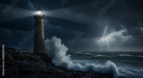 A steadfast lighthouse shines its light through a dark and stormy sea, symbolizing guidance, safety, and hope in crisis.