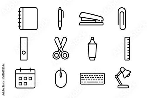 Office Supply Icons. Outline icon set of office supply recommendations: notebook, pen, stapler, paperclip,