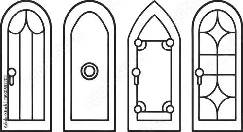 Collection of four arched doors with unique designs, showcasing vintage architectural elements and diverse styles