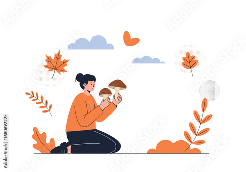 Autumnal foraging adventure with a delightful mushroom discovery amidst colorful leaves and breezy clouds