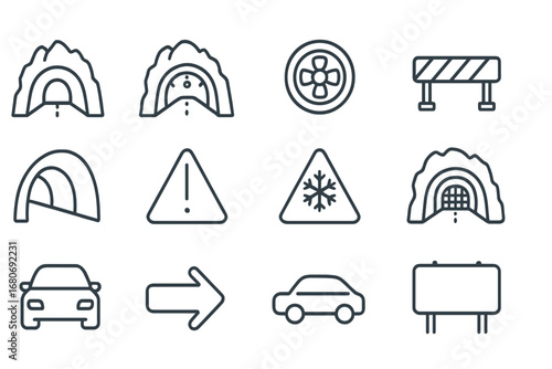 Mountain Tunnel Icons. Outline icon set of mountain tunnel: rocky arch, road line, tunnel lights, ventilation
