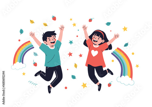 Two cheerful children jumping happily with rainbows confetti and stars illustration