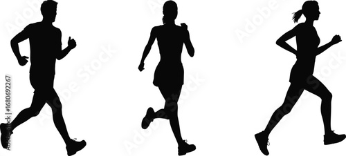 Silhouette of three people running, fitness and jogging concept, male and female athletes exercising outdoors, healthy lifestyle activity, black vector illustration