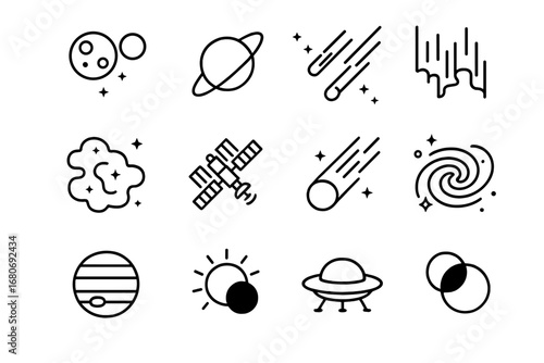 Extraterrestrial Sky Icons. Outline icon set of extraterrestrial skies: double moons, ringed planets, meteor