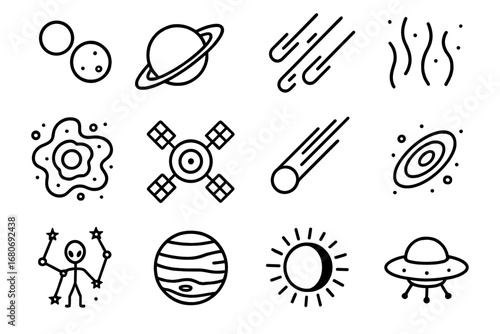 Extraterrestrial Sky Icons. Outline icon set of extraterrestrial skies: double moons, ringed planets, meteor