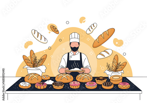 Baker presenting freshly baked bread and pastries with artistic flourishes and swirls