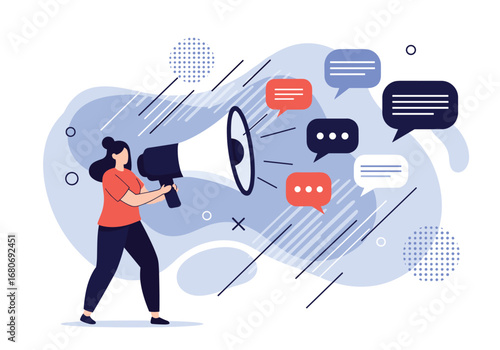 Communicating ideas effectively through public announcement megaphone and social media bubbles concept illustration