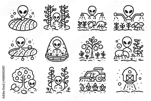 Alien Farming Icons. Outline icon set of alien farming landscapes: glowing crop fields, vine towers, energy