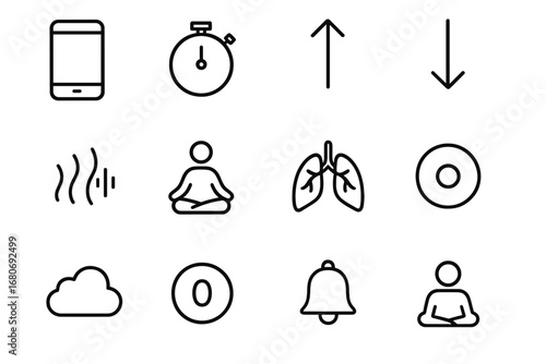 Breathing Exercise Icons. Outline icon set of breathing exercise apps: smartphone screen, breath timer, inhale