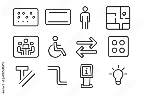 Inclusive Office Icon Set. Outline icon set of inclusive office signage: braille sign, high contrast text sign