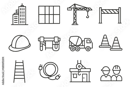 City Construction Icons. Outline icon set of city skyscraper building: glass panels, construction crane, site