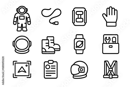 Astronaut Equipment Icons. Outline icon set of astronaut exploration: astronaut suit, tether line, life