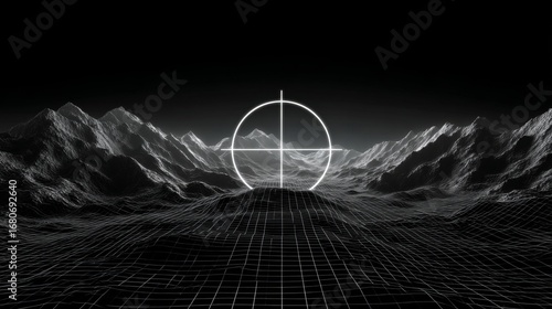 Target Acquired: A stark, dramatic scene unfolds as a glowing crosshair takes aim amidst a meticulously rendered, digitized landscape of mountainous terrain, symbolizing focus, precision.