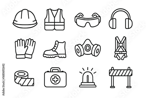 Construction Safety Icons. Outline icon set of safety at construction sites: helmet, vest, safety glasses, ear
