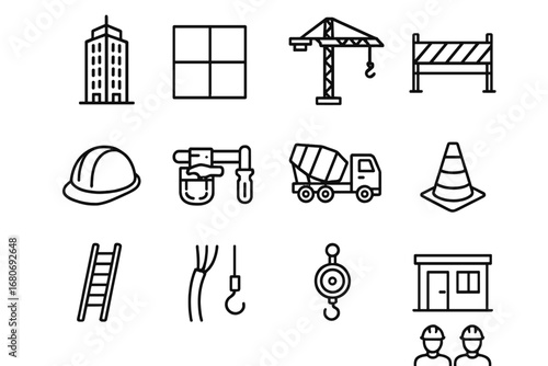 City Construction Icons. Outline icon set of city skyscraper building: glass panels, construction crane, site