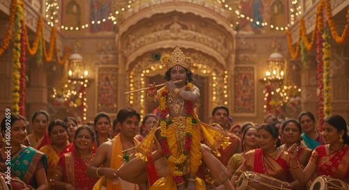 hindu child krishna plays flute during festival