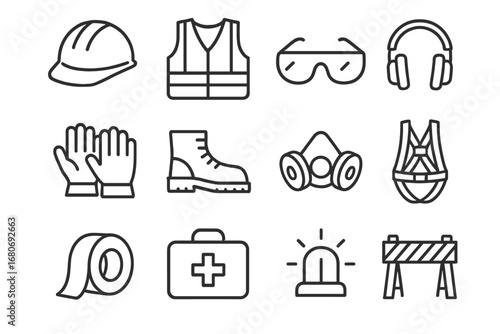 Construction Safety Icons. Outline icon set of safety at construction sites: helmet, vest, safety glasses, ear