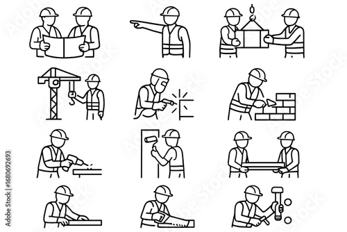 Construction Teamwork Icons. Outline icon set of construction crew teamwork: workers discussing plans,