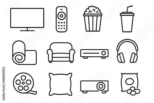 Home Movie Night Icons. Outline icon set of watching movies at home: TV screen, remote control, popcorn, soda