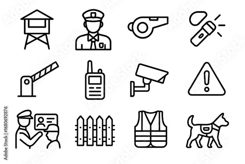 Camp Security Icons. Outline icon set of camp security: guard post, uniformed officer, whistle, flashlight,