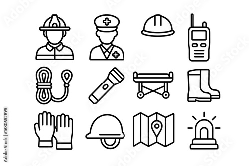 Emergency Icon Set. Outline icon set of emergency response teams: firefighter, paramedic, hard hat, radio,
