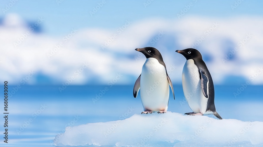 Naklejka premium Two Adelie penguins on piece of glacial ice
