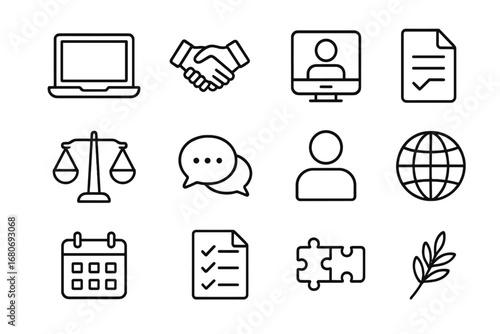 Online Dispute Resolution Icons. Outline icon set of online dispute resolution: laptop, handshake icon, video