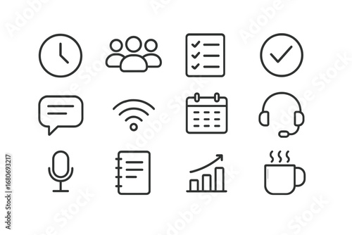 Team Stand-Up Icon Set. Outline icon set of team stand-up calls: clock, participant icons, task list,