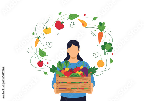 A person is holding a wooden crate full of fresh organic vegetables and fruits creating a healthy lifestyle