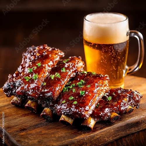 Juicy barbecue ribs with mug of beer on rustic wooden. Delectable grilled rib with tankard of ale upon coarse timber country cooking pub fare refreshment gastronomy nourishment