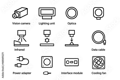 Production Line Icons. Outline icon set of production line inspection: vision camera, lighting unit, optical