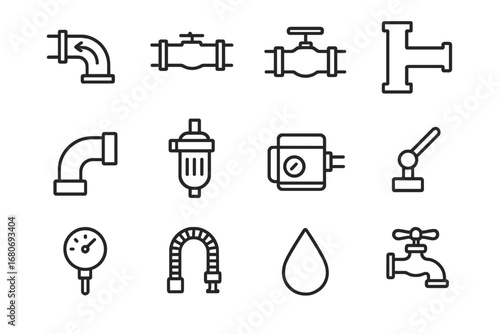 Plumbing Icon Set. Outline icon set of plumbing for greywater reuse: inlet pipe, outlet pipe, valve, T-joint,