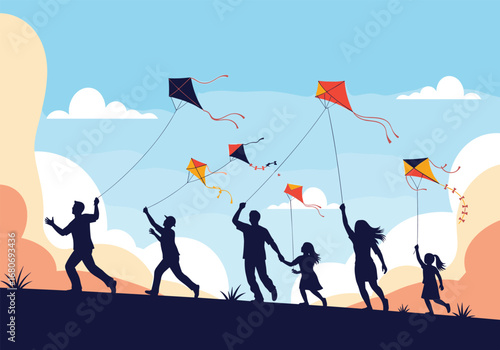 Families enjoying a sunny day flying colorful kites in the park with a beautiful sky backdrop