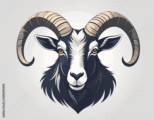 Majestic illustration of a powerful goat head with large, curved horns. Symmetrical vector art design perfect for a bold emblem or mascot logo