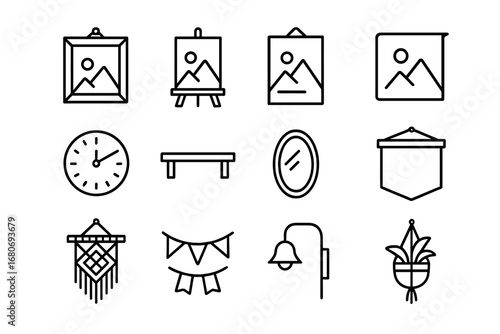 Wall Art Icons. Outline icon set of wall art and decoration: picture frame, canvas, poster, wall sticker,