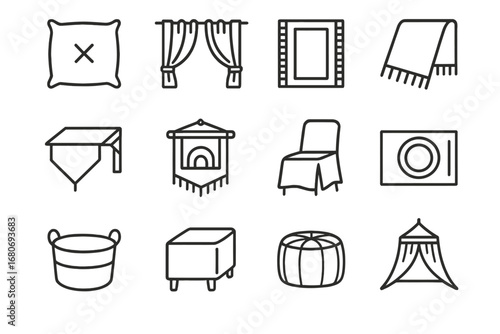 Textile Icon Collection. Outline icon set of textile-based home décor: cushion, curtain, rug, throw blanket,