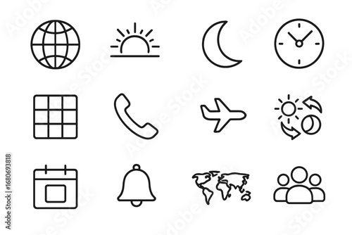 Cross-Time Zone Icons. Outline icon set of cross-time-zone teamwork: globe, sunrise, moon, time zone clock,
