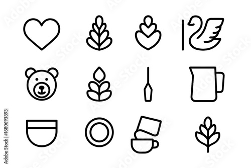 Latte Art Icon Set. Outline icon set of latte art: heart, rosetta, tulip, swan, bear face, free pour, etching