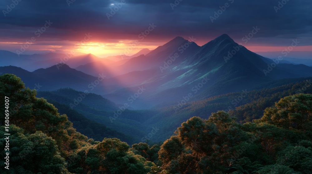 Obraz premium Mountain Serenity: A breathtaking landscape, as the sun casts its golden glow over the majestic mountains, creating a serene and inspiring atmosphere.