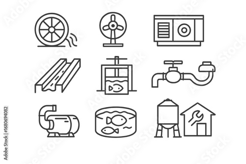 Hydro Farming Icons. Outline icon set of hydro-powered farming: water wheel, micro-hydro turbine, generator,