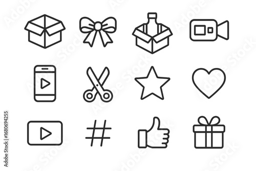 Unboxing Icons Grid. Outline icon set of unboxing videos: box, ribbon, product, camera, smartphone, scissors,