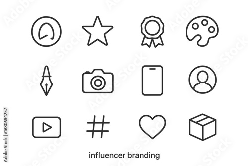Influencer Branding Icons. Outline icon set of influencer branding: logo, star, ribbon, palette, pen, camera,