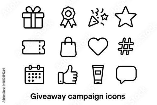 Giveaway Icons Set. Outline icon set of giveaway campaigns: gift box, ribbon, confetti, star, ticket, shopping